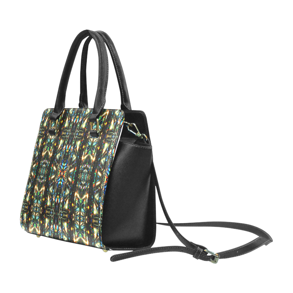 Glitzy Sparkly Mystic Festive Black Glitter Ornament Pattern Rivet Shoulder Handbag (Model 1645)