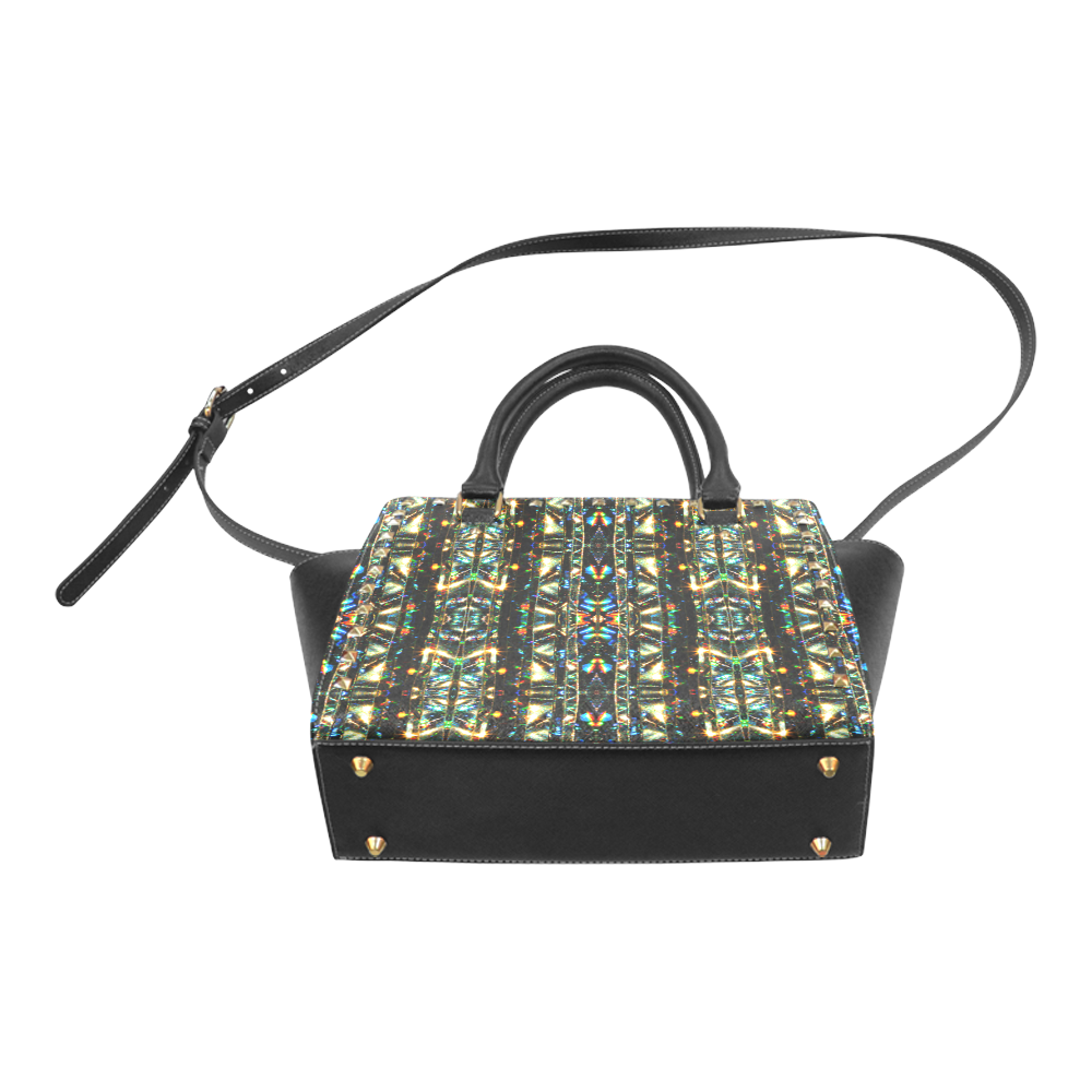 Glitzy Sparkly Mystic Festive Black Glitter Ornament Pattern Rivet Shoulder Handbag (Model 1645)