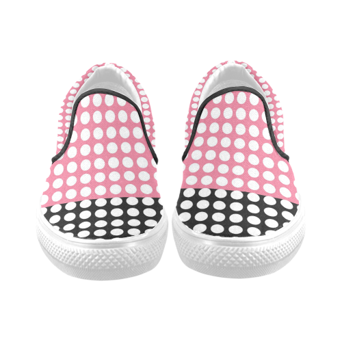 black and pink with white dots Women's Unusual Slip-on Canvas Shoes (Model 019)