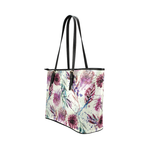 Watercolor Flowers Leather Tote Bag/Small (Model 1651)
