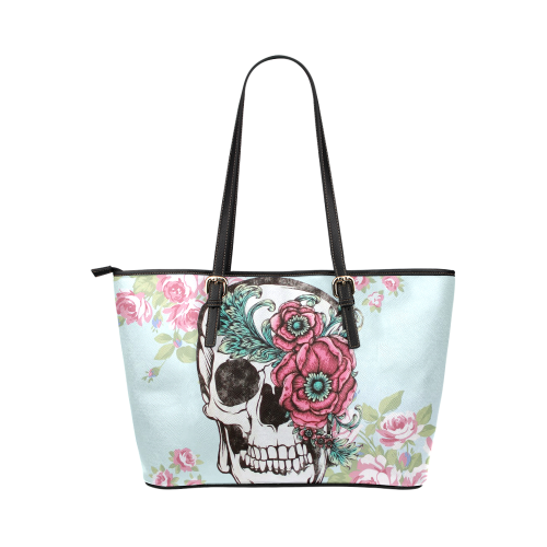 Floral Skull Leather Tote Bag/Large (Model 1651)