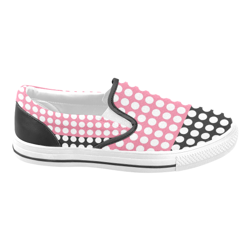 black and pink with white dots Women's Unusual Slip-on Canvas Shoes (Model 019)