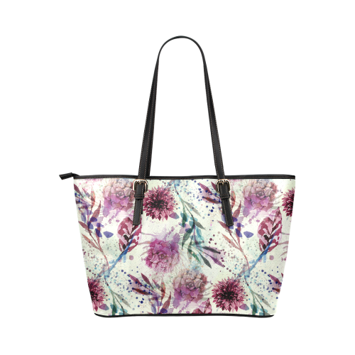 Watercolor Flowers Leather Tote Bag/Small (Model 1651)