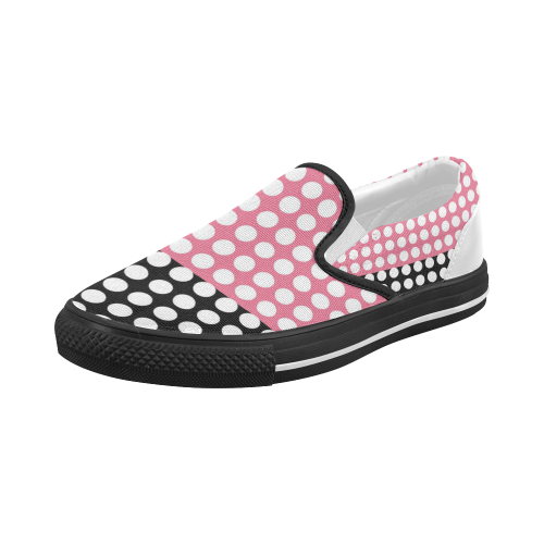 black and pink with white dots Women's Slip-on Canvas Shoes (Model 019)