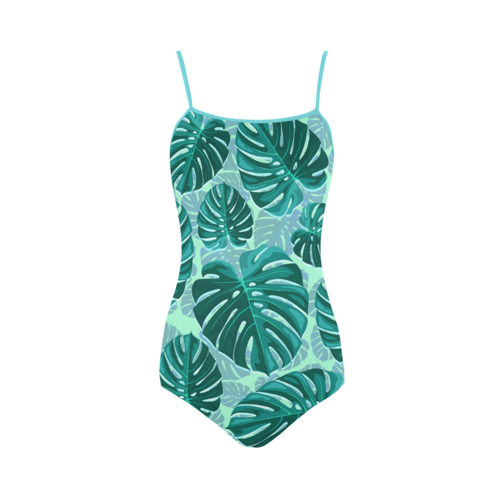 Tropical Leaf Monstera Plant Pattern Strap Swimsuit ( Model S05)