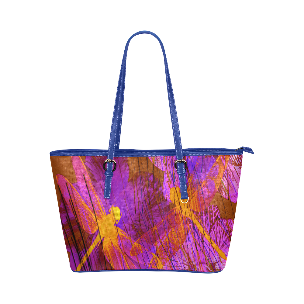 Dragonflies & Flowers Summer YY Leather Tote Bag/Small (Model 1651)