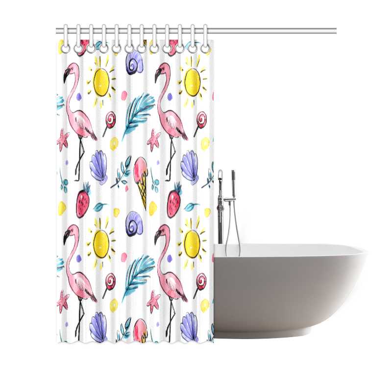 Hand Drawn Watercolor Flamingos Shower Curtain 66"x72"