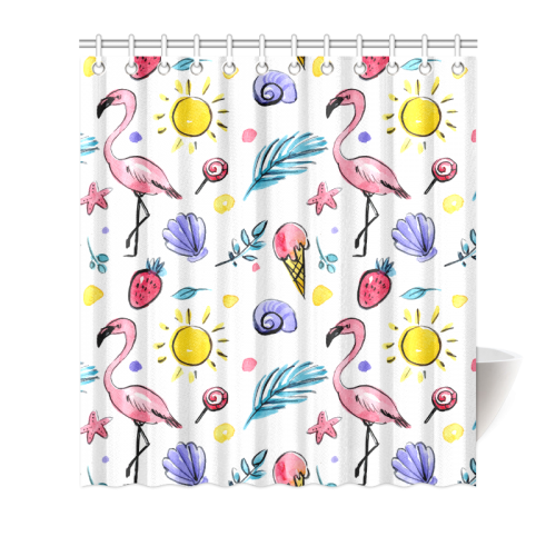 Hand Drawn Watercolor Flamingos Shower Curtain 66"x72"