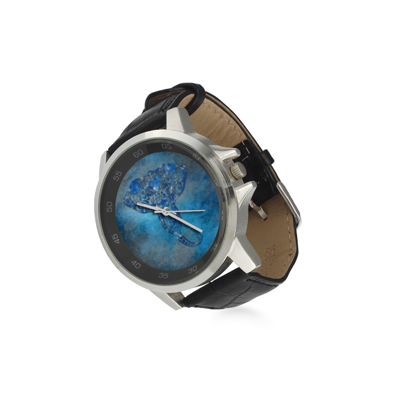A blue watercolor elephant portrait in denim look Unisex Stainless Steel Leather Strap Watch(Model 202)