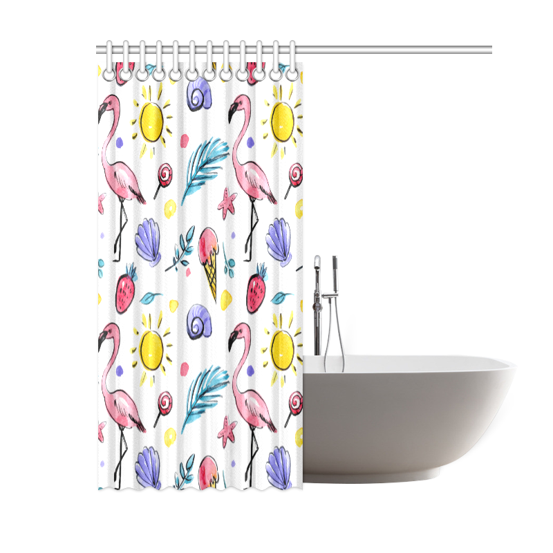 Hand Drawn Watercolor Flamingos Shower Curtain 60"x72"