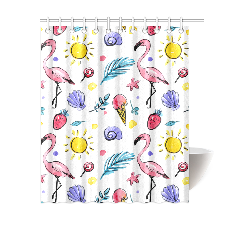 Hand Drawn Watercolor Flamingos Shower Curtain 60"x72"