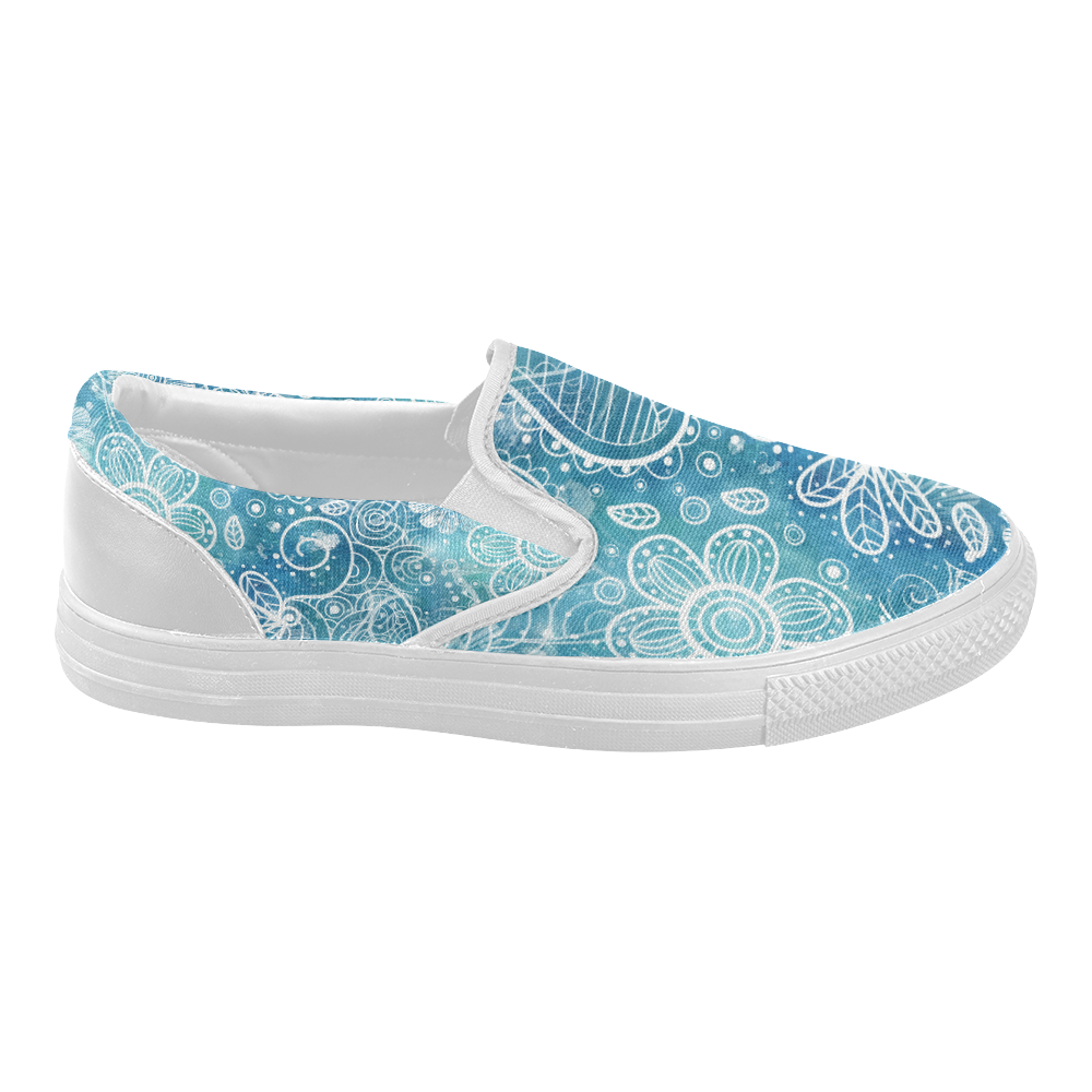 Blue Floral Doodle Dreams Women's Slip-on Canvas Shoes (Model 019)
