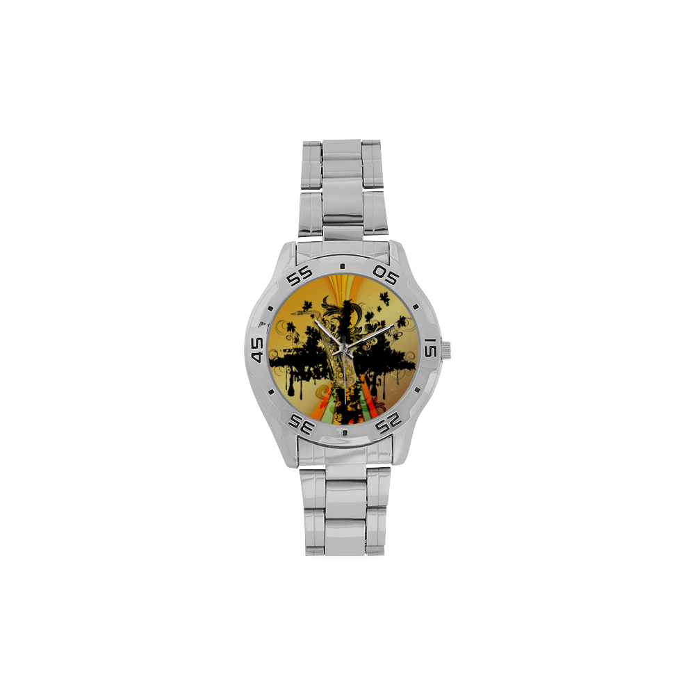 Saxophone with flowers Men's Stainless Steel Analog Watch(Model 108)