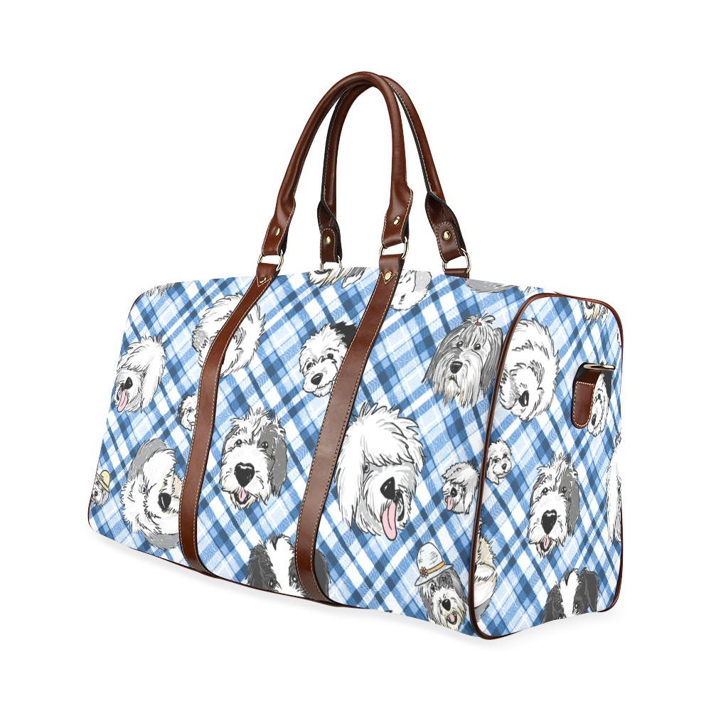 full blue and white plaid sheepie heads copy Waterproof Travel Bag/Large (Model 1639)