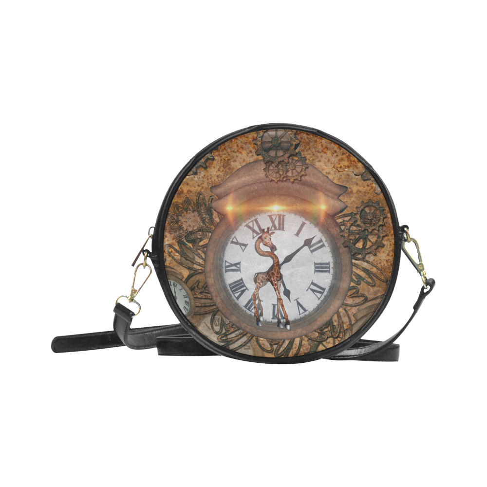 Steampunk, cute giraffe on a clock Round Sling Bag (Model 1647)