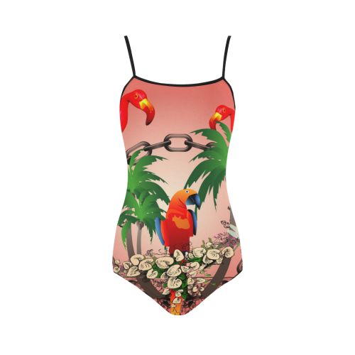 Funny parrot, tropical design Strap Swimsuit ( Model S05)