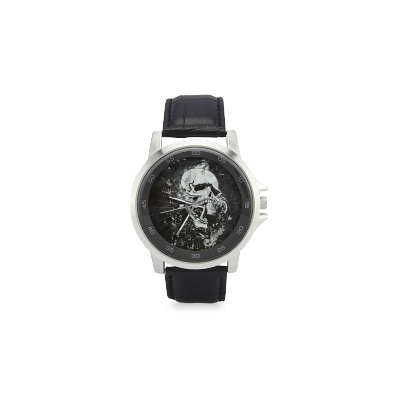 Dark Gothic Skull Unisex Stainless Steel Leather Strap Watch(Model 202)