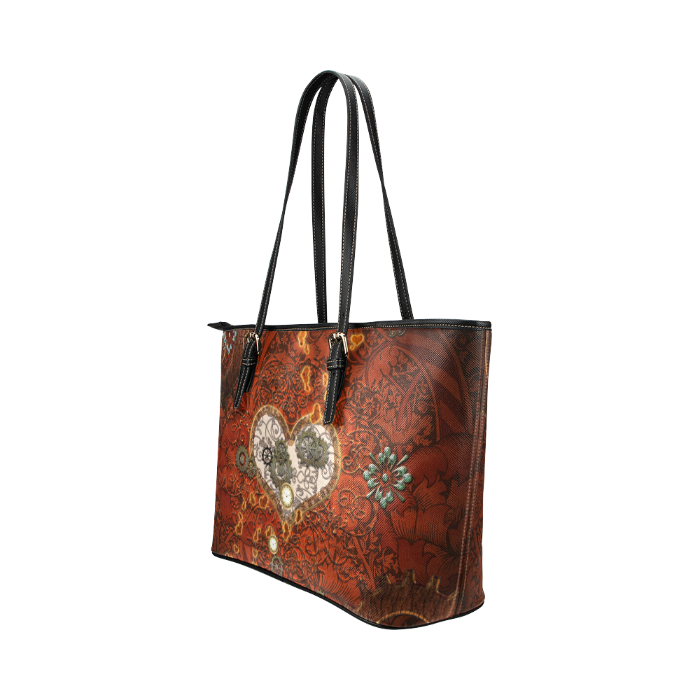 Steampunk, wonderful hearts Leather Tote Bag/Small (Model 1651)
