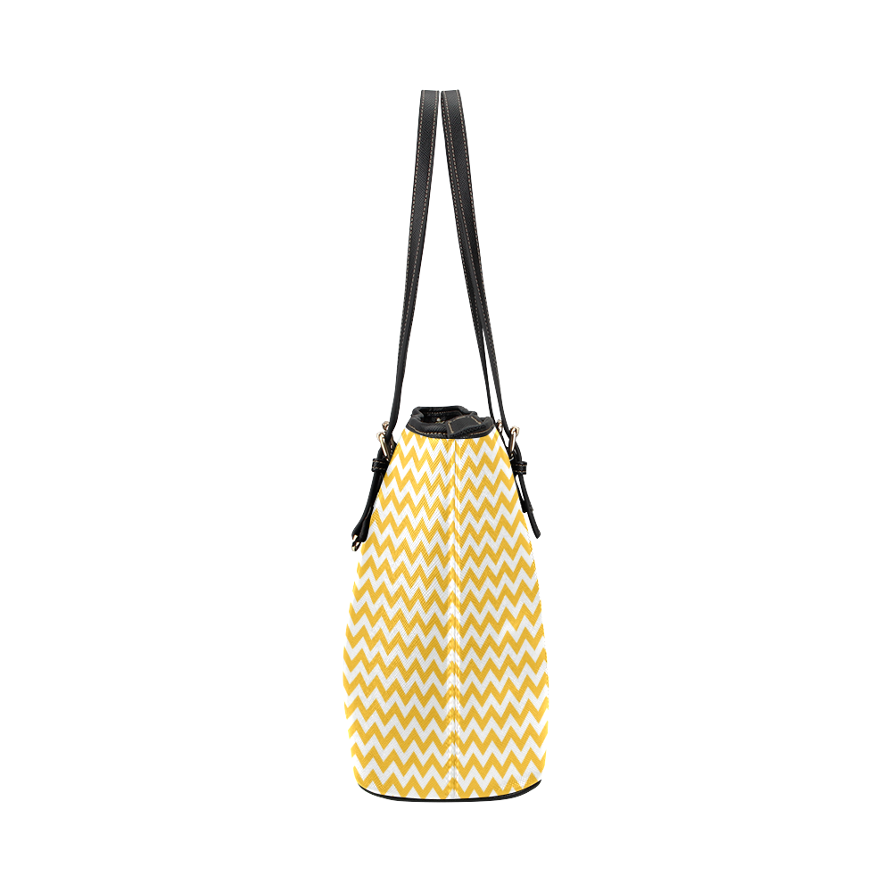 sunny yellow and white small zigzag chevron Leather Tote Bag/Large (Model 1651)