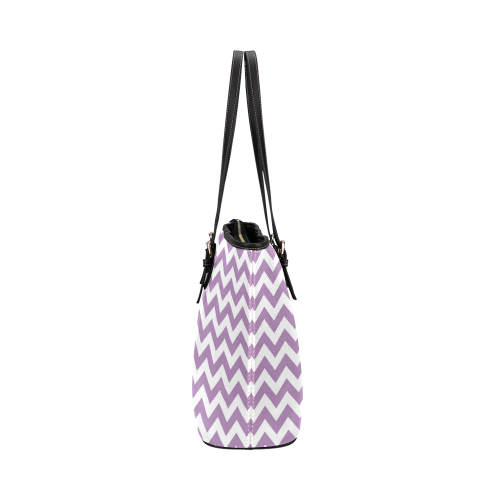 Purple Lilac and white zigzag chevron Leather Tote Bag/Large (Model 1651)