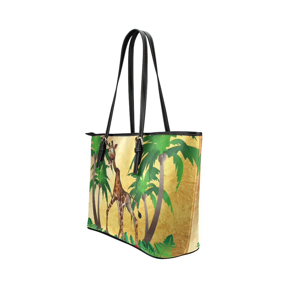 Cute giraffe with palm Leather Tote Bag/Large (Model 1651)