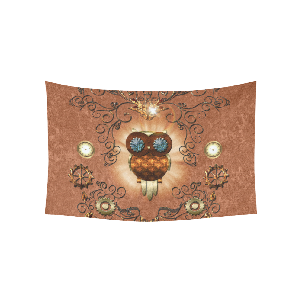 Steampunk, cute owl, clocks and gears Cotton Linen Wall Tapestry 60"x 40"