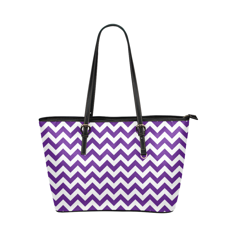 Royal Purple and white zigzag chevron Leather Tote Bag/Large (Model 1651)