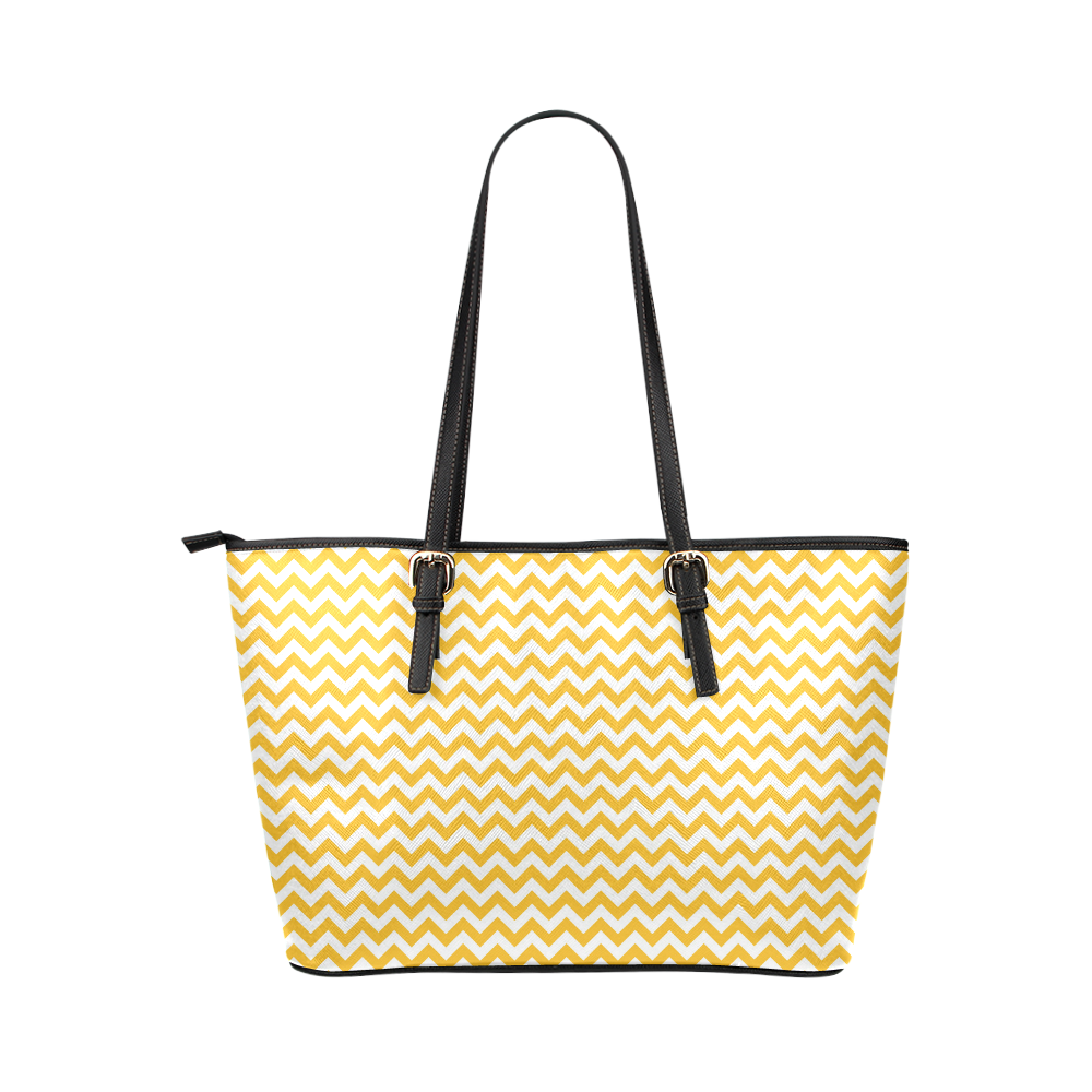 sunny yellow and white small zigzag chevron Leather Tote Bag/Small (Model 1651)
