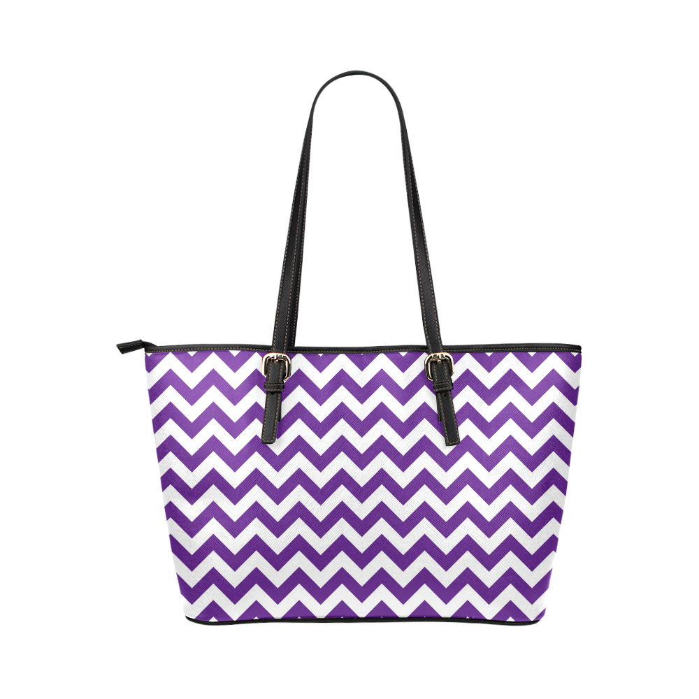 Royal Purple and white zigzag chevron Leather Tote Bag/Large (Model 1651)