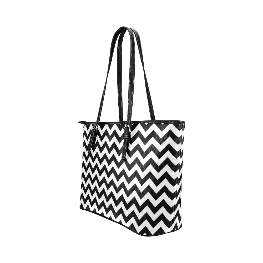 black and white zigzag chevron Leather Tote Bag/Small (Model 1651)