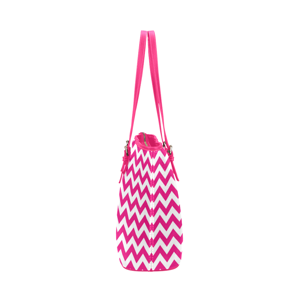 Hot Pink and white zigzag chevron Leather Tote Bag/Large (Model 1651)