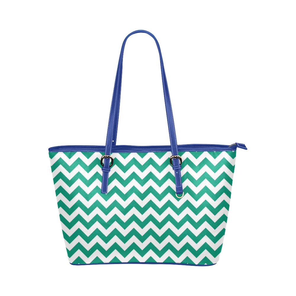 Emerald Green and white zigzag chevron Leather Tote Bag/Large (Model 1651)