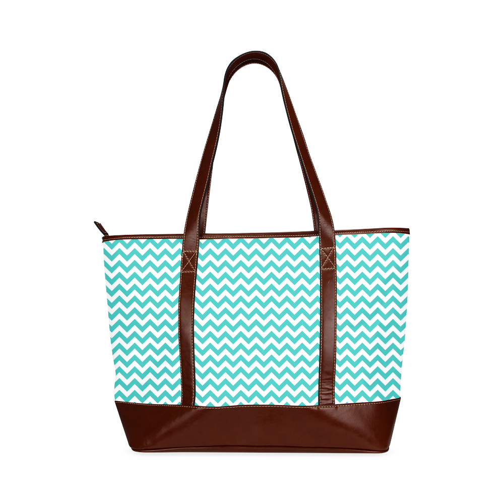 Turquoise and white small zigzag chevron Tote Handbag (Model 1642)