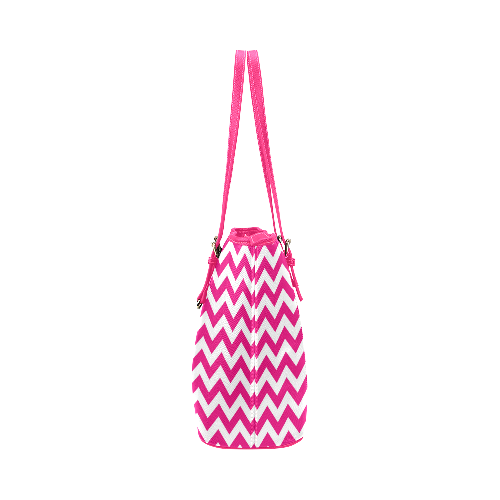 Hot Pink and white zigzag chevron Leather Tote Bag/Large (Model 1651)