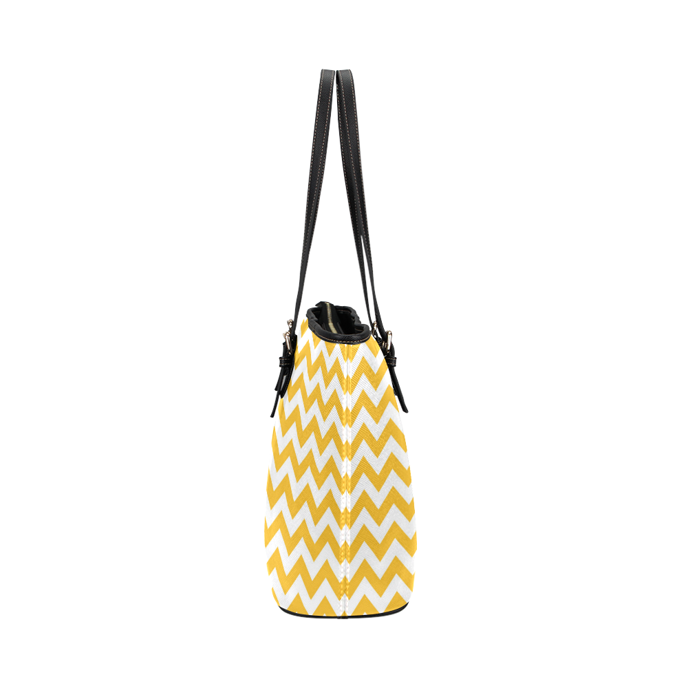 Sunny Yellow and white zigzag chevron Leather Tote Bag/Large (Model 1651)