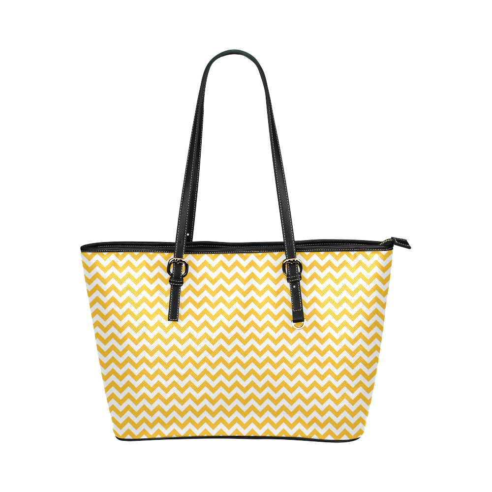 sunny yellow and white small zigzag chevron Leather Tote Bag/Small (Model 1651)
