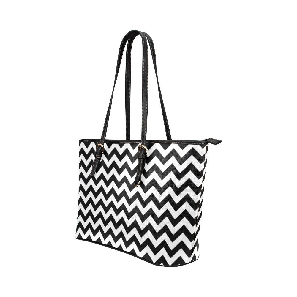 black and white zigzag chevron Leather Tote Bag/Small (Model 1651)