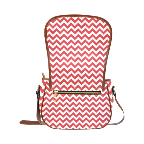 Poppy Red and white zigzag chevron Saddle Bag/Small (Model 1649) Full Customization
