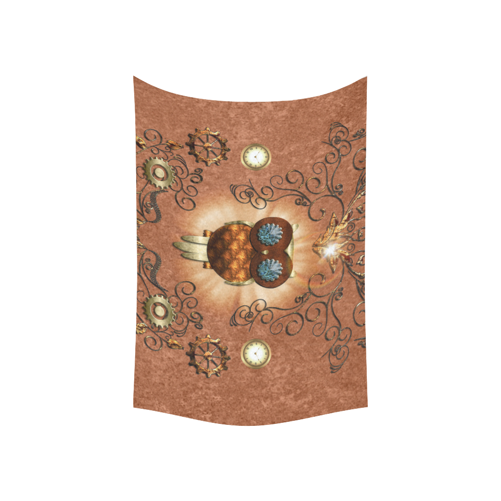 Steampunk, cute owl, clocks and gears Cotton Linen Wall Tapestry 60"x 40"