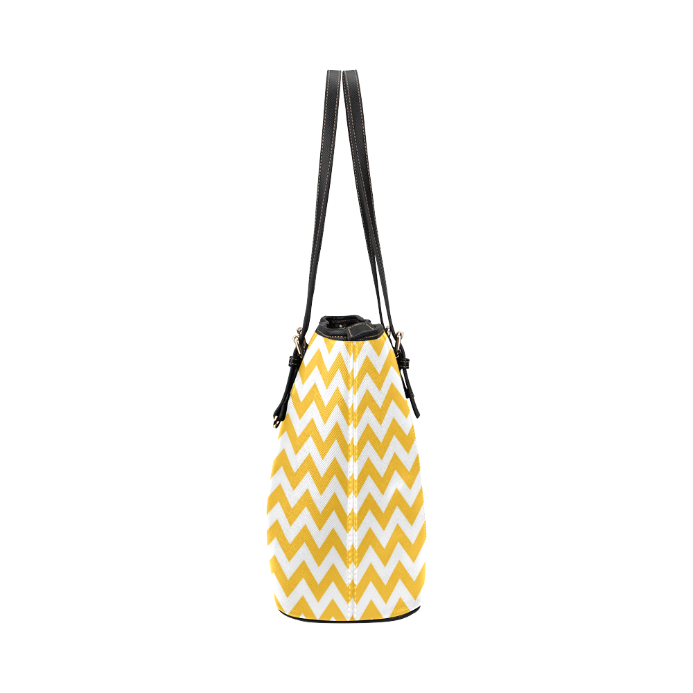 Sunny Yellow and white zigzag chevron Leather Tote Bag/Large (Model 1651)