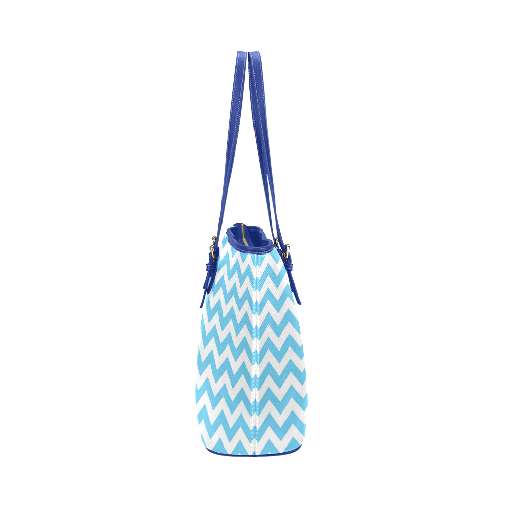 Bright Blue and white zigzag chevron Leather Tote Bag/Large (Model 1651)