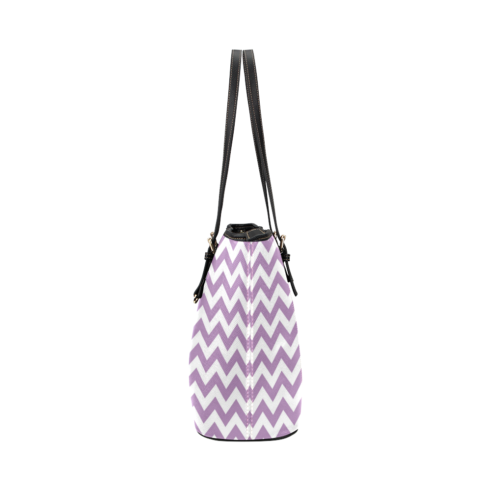 Purple Lilac and white zigzag chevron Leather Tote Bag/Large (Model 1651)