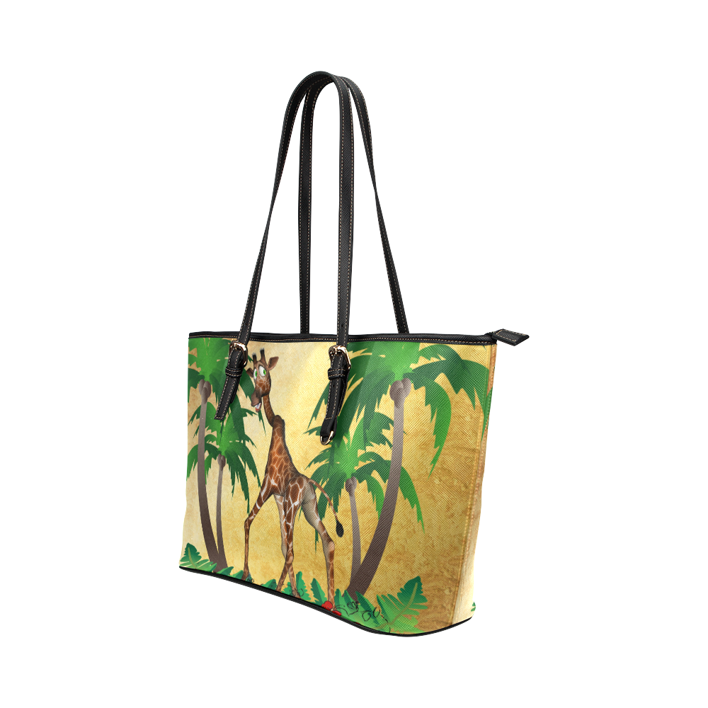 Cute giraffe with palm Leather Tote Bag/Large (Model 1651)