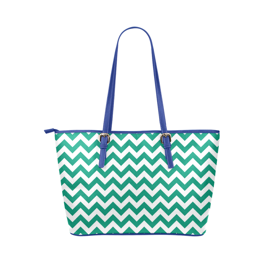 Emerald Green and white zigzag chevron Leather Tote Bag/Large (Model 1651)