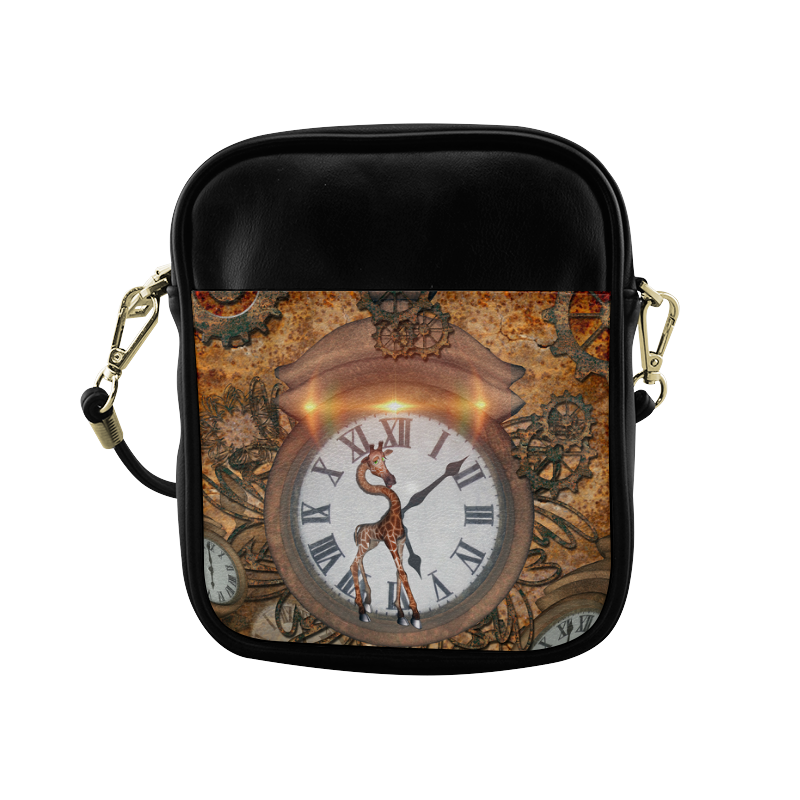 Steampunk, cute giraffe on a clock Sling Bag (Model 1627)