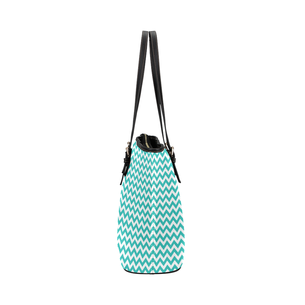 Turquoise and white small zigzag chevron Leather Tote Bag/Large (Model 1651)