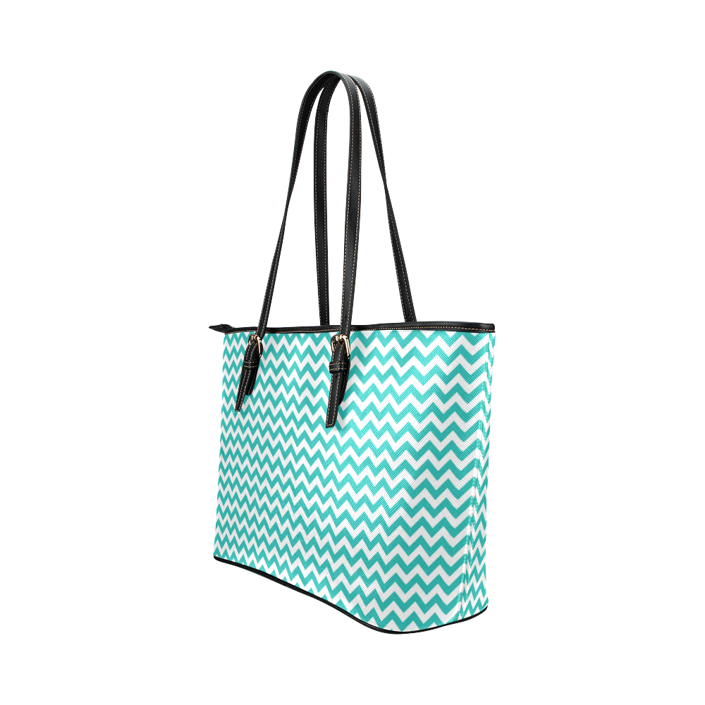 Turquoise and white small zigzag chevron Leather Tote Bag/Large (Model 1651)