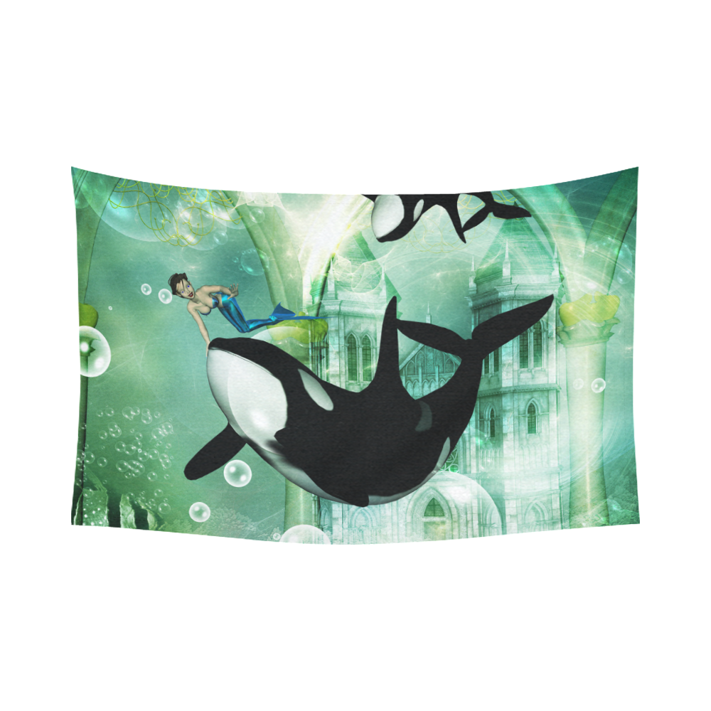 Orca with cute mermaid Cotton Linen Wall Tapestry 90"x 60"