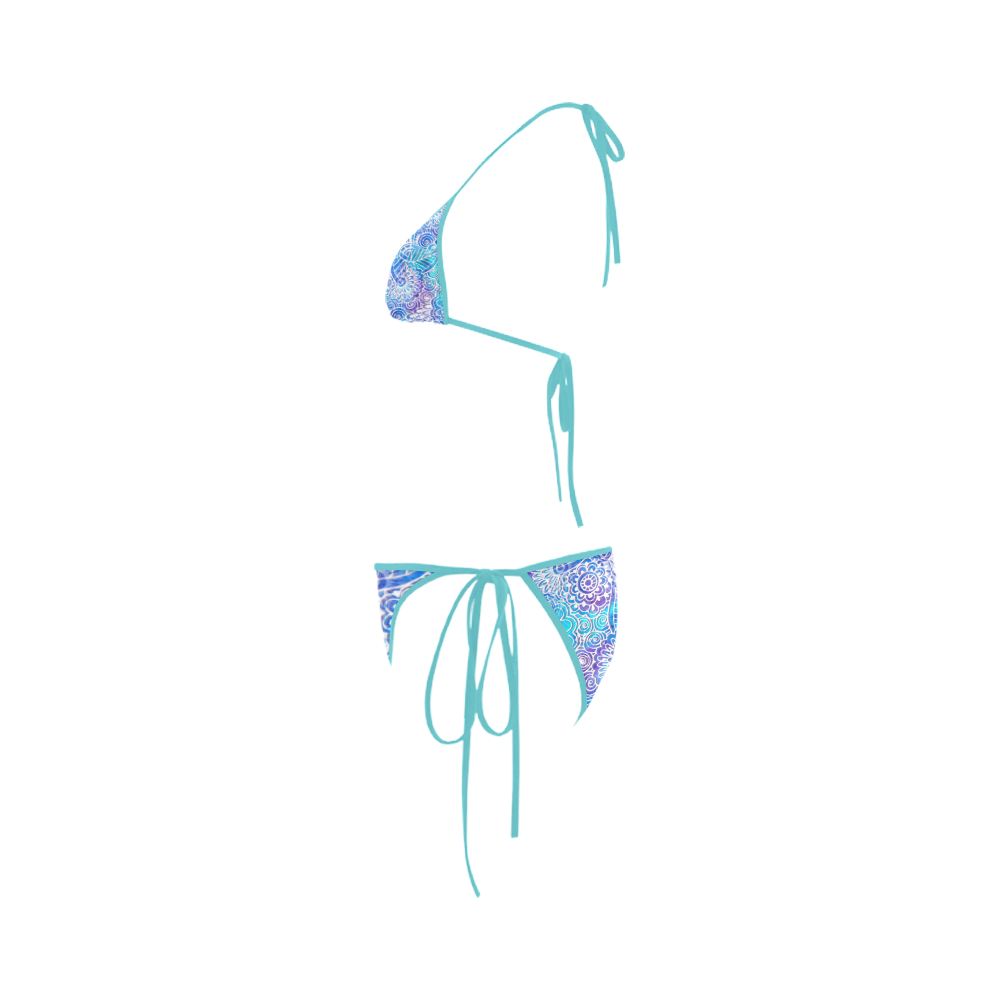 Boho Flower Doodle On Blue Watercolor Custom Bikini Swimsuit