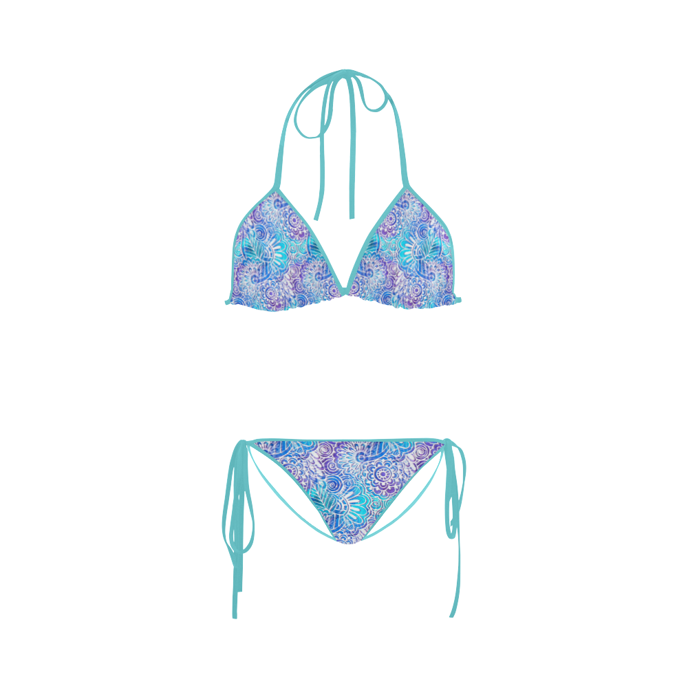 Boho Flower Doodle On Blue Watercolor Custom Bikini Swimsuit